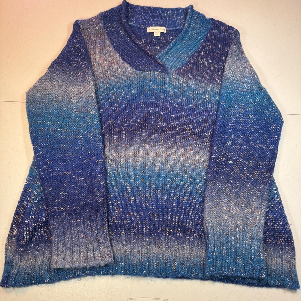 Wool Blend 1X Blue Ombre Striped Knit Cozy V Neck Pullover Sweater Top Plus Size